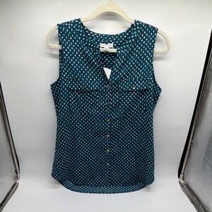 Croft & Barrow Women's Teal/White Polka Dot Sleeveless Button Blouse S